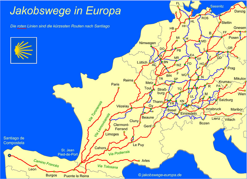 Interaktive Karte der Seite www.jakobswege-europa.de
