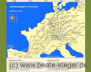 grüner Hintergrund und Europakarte der Jakobswege in Europa