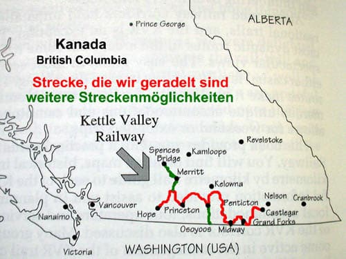 Karte des Kettle Valley Railways mit der Strecke, die wir geradelt sind