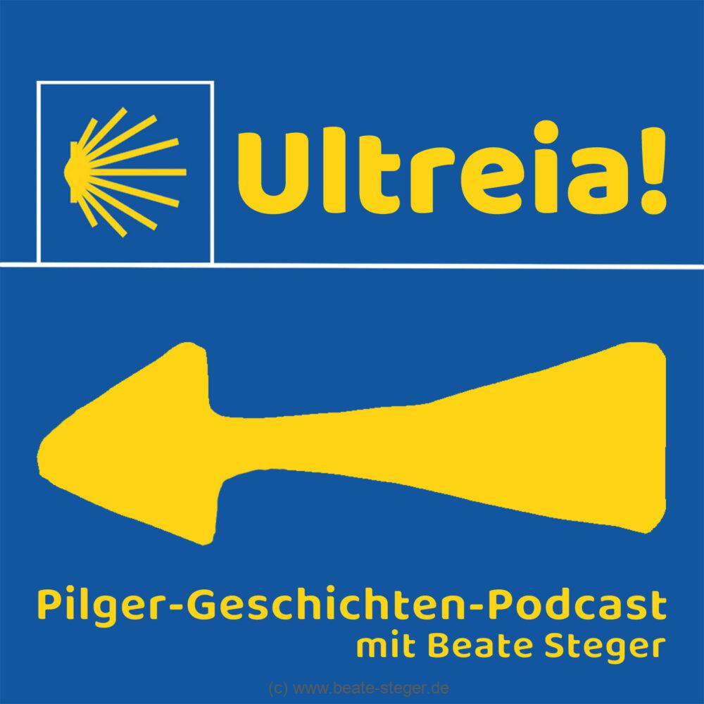 gelbe Muschel auf blauem Grund - Pilger-Podcast Ultreia Beate Steger